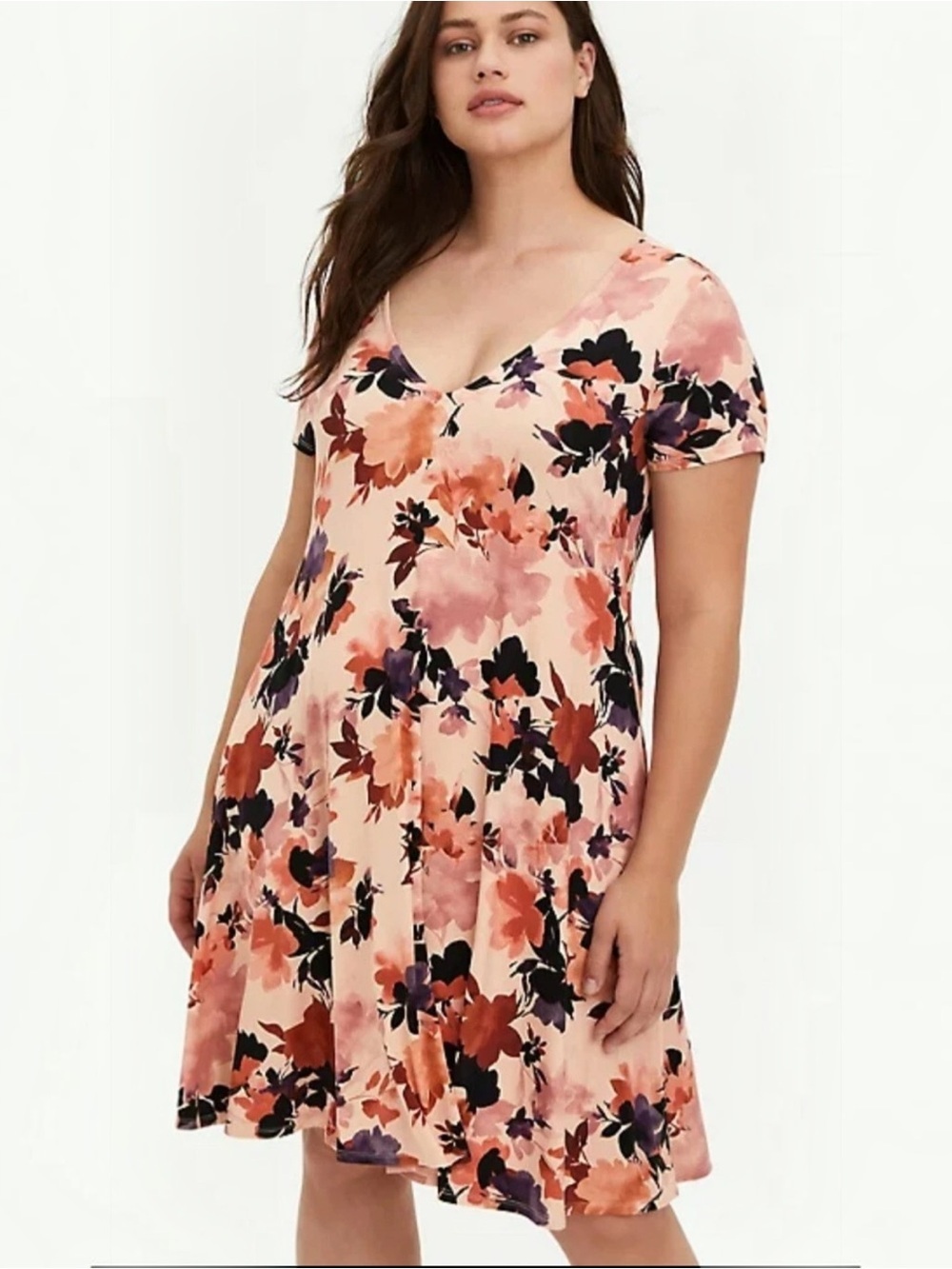 Torrid Super Soft Floral Fit Flare Skater Dress Pink V Neck Size 0 Large